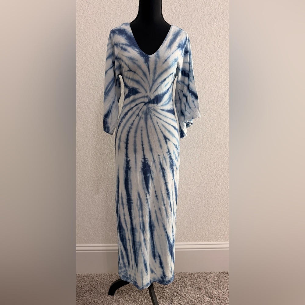 Zara Blue & White Tie Dye Knit Midi Dress | Side Slit Bodycon